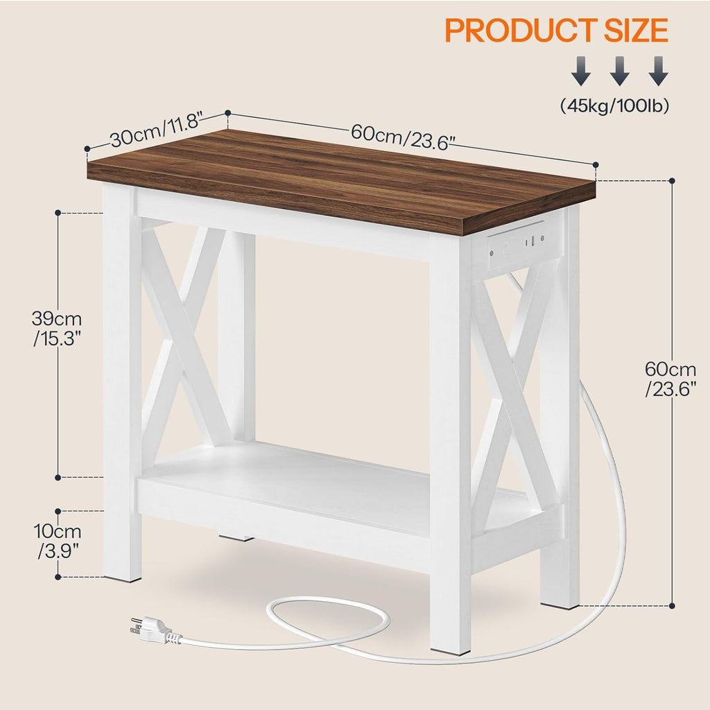 HOOBRO End Table with Charging Station, Farmhouse Narrow Side Table, 2-Tier with Storage Shelves, Slim Nightstand for Small Spaces, Living Room, Bedroom, White and Walnut WH360UBZ01