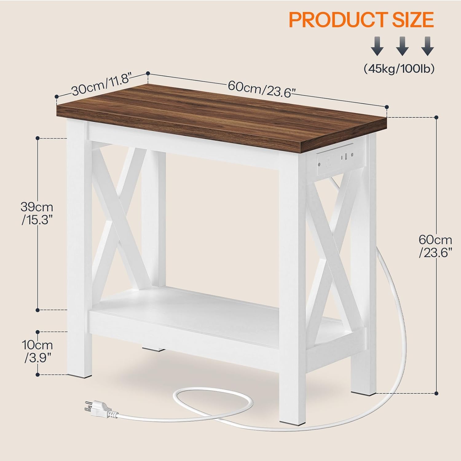 HOOBRO End Table with Charging Station, Farmhouse Narrow Side Table, 2-Tier with Storage Shelves, Slim Nightstand for Small Spaces, Living Room, Bedroom, White and Walnut WH360UBZ01