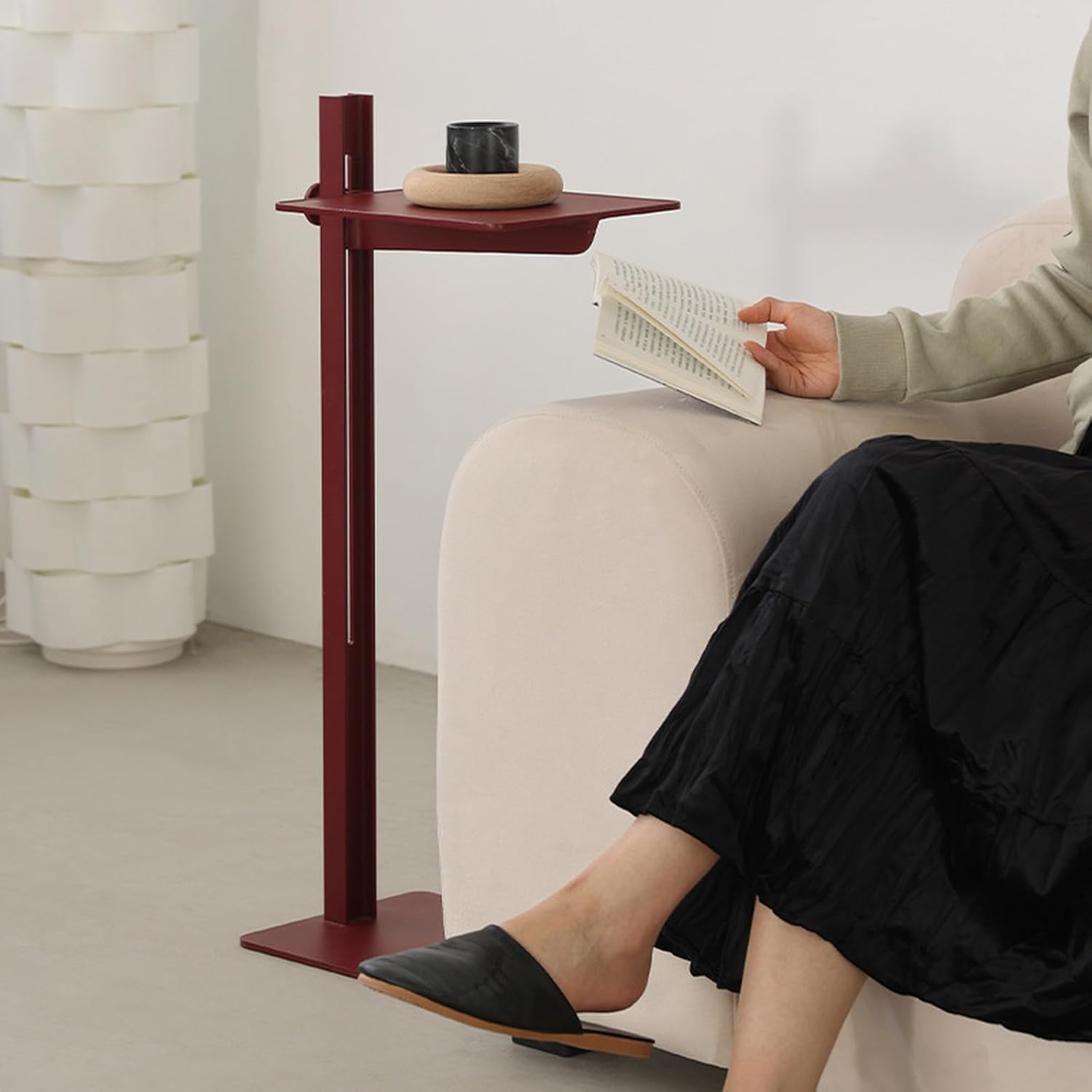 C-Shaped Metal End Table, Height Adjustable Side Table Rectangular Coffee Table Sofa Table for Living Room, Bedroom and Small Space, Red