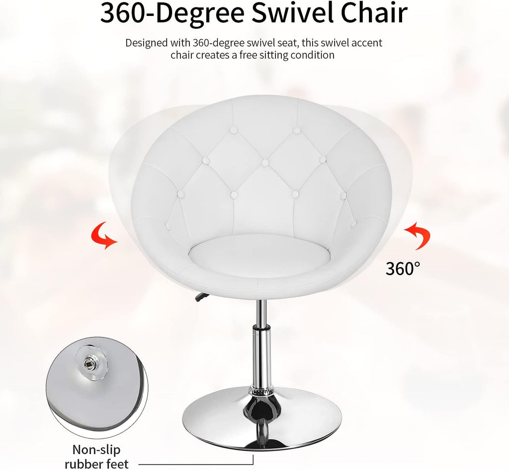 PayLessHere Living Room Vanity Chair Makeup Chair Swivel Accent Chair Round Back Height Adjustable PU Leather Modern Chair for Makeup Room Small Desk,White