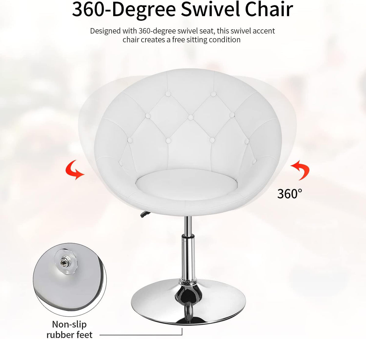 PayLessHere Living Room Vanity Chair Makeup Chair Swivel Accent Chair Round Back Height Adjustable PU Leather Modern Chair for Makeup Room Small Desk,White
