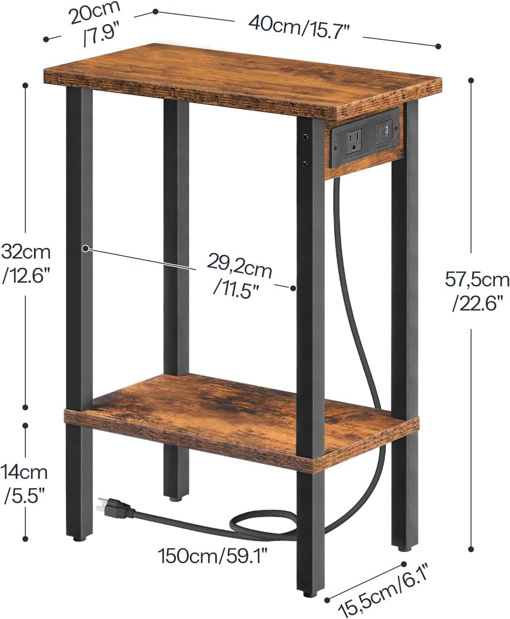 HOOBRO Narrow Side Table, 2-Tier Slim End Table with Charging Station, Skinny Nightstand with Open Storage, for Small Spaces, Living Room, Bedroom, Study, Rustic Brown and Black BF240UBZ01