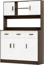 Kitchen Pantry Storage Cabinet, Hutch Cabinet with Buffet Cupboard, Utility Pantry with Microwave Stand, Household Wall Tall Sideboard with 3 Drawers, 5 Doors Open Shelves for Kitchen, Dinin