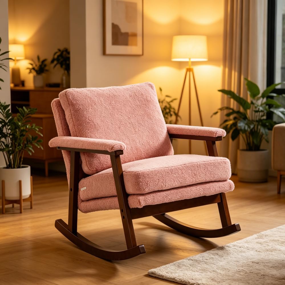 Mid Century Modern Accent Chair,Rocking Chair with Wood Frame, Upholstered Living Room Chairs, Reading Armchair for Bedroom Sunroom (Light Pink + Velvet + Cotton)