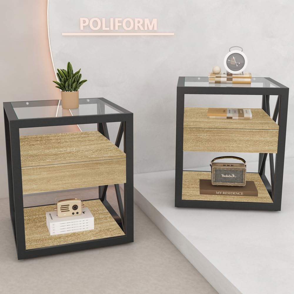 End Table Set of 2, Natural Wood MDF with Tempered Glass Top and Drawer | Industrial-Style Nightstands with Drawer Storage for Bedrooms and Living Rooms; Coordinating Side Table Pair
