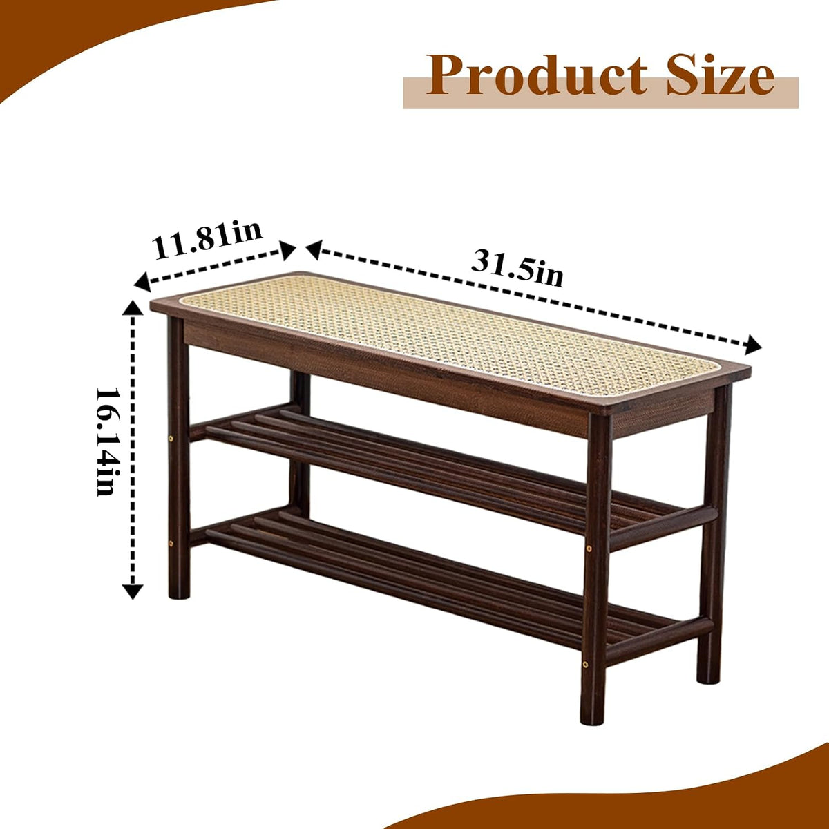 Bamboo Entryway Bench with Woven Rattan Seat, 2-Tier Shoe Storage Bench for Hallway & Entryway 31.5 inches Walnut