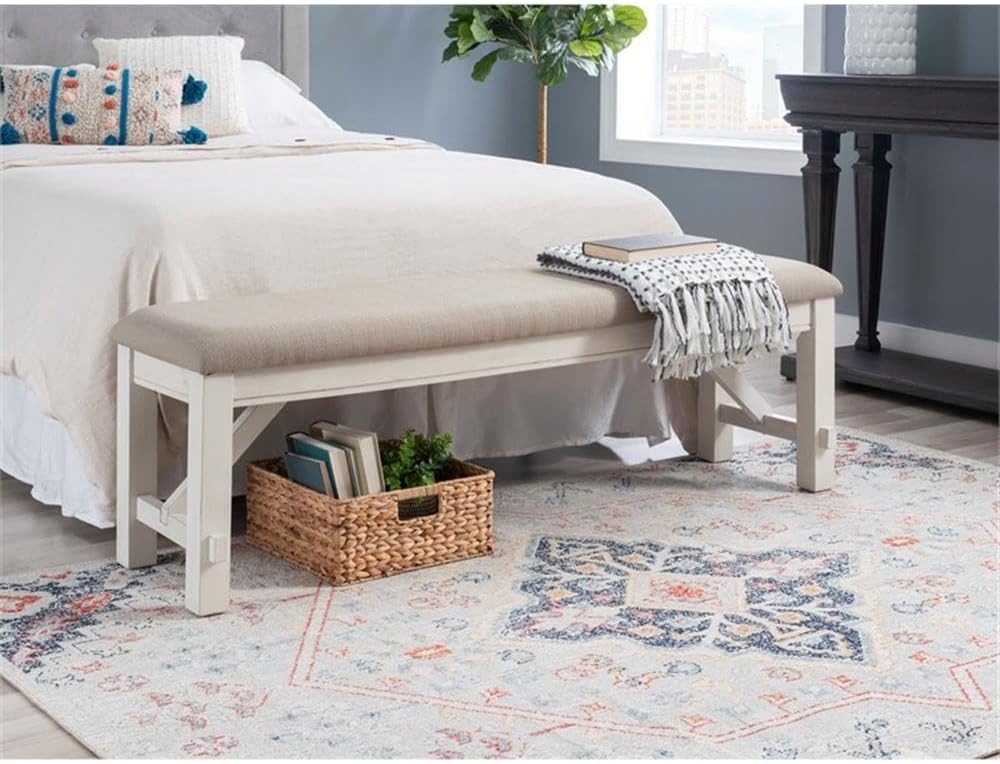 Pemberly Row 60" Wood/Fabric Bench, Smokey White Finish, Beige Upholstery, Transitional Style, Stain-Resistant Seat, Durable Construction, Comfortable Seating for Kitchen or Dining Room