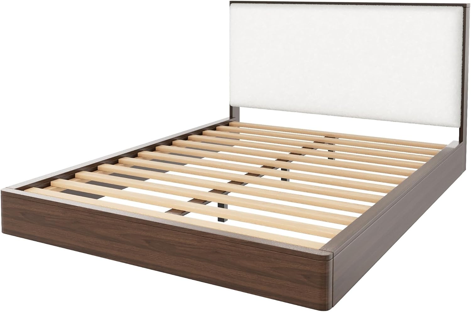 Merax Queen Platform Bed Frame with Bouclé Upholstered Headboard, Solid Wood Platform Bed, No Box Spring Needed, Noise-Free Modern Bed Frame for Bedroom, Walnut