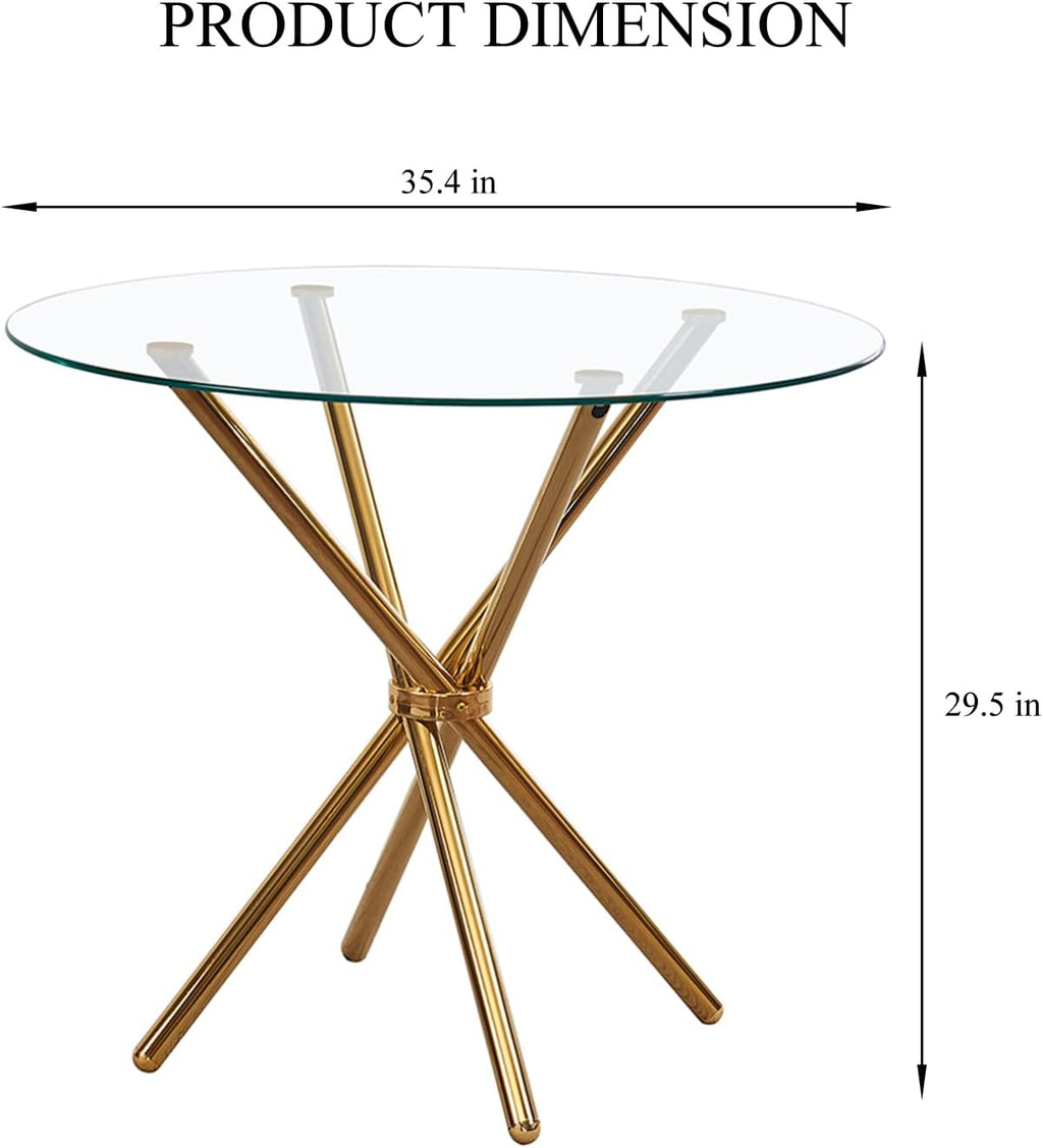 36" Round Glass Dining Room Table with Glass Top and Gold Legs for Kitchen and Dining, Modern Compact Round Dinner Table for Apartment Small Spaces