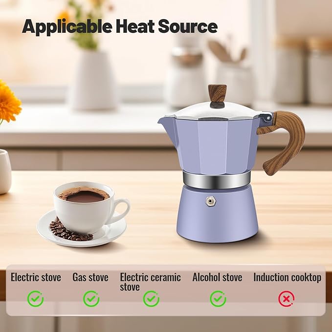3 Cup Aluminum Moka Pot Purple Classic Stovetop Espresso Coffee Maker 150ml 5oz Coffeemaker Percolator Mocha Pot Greca Coffee Maker Cafe Makers for Italian and Cuban Café Brewing Purple