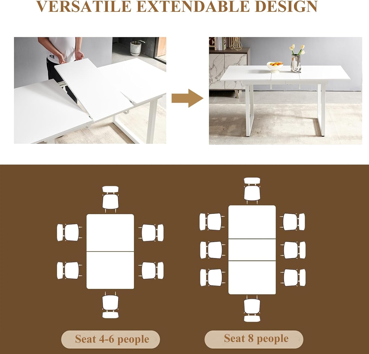 Extendable Dining Table for 4-8 Person, Extendable from 55" to 71", Modern Rectangle Dining Table with MDF Tabletop and Metal Frame, Expanding Kitchen Table for Home, Office (White)