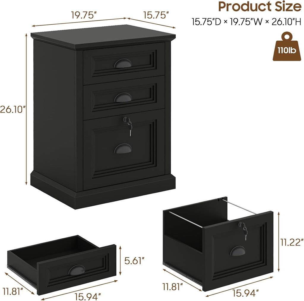 Halitaa Vertical File Cabinet, Filing Cabinet with 3 File Drawers & Lock, Farmhouse Small File Cabinet Fits Letter/A4 Size, Wooden Printer Stand, Home Office Cabinet, Black