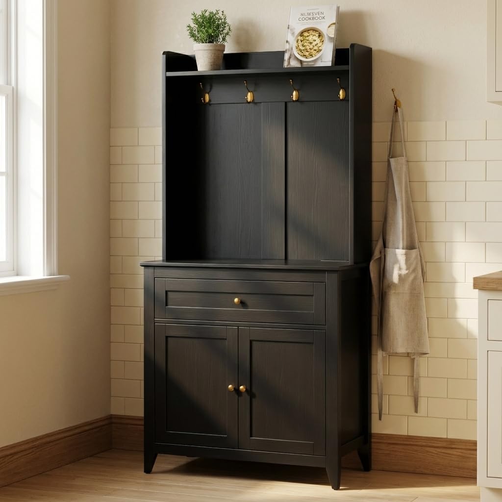 Garvee Pantry Cabinet with 4 Hooks, Kitchen Pantry Cabinet, Coffee Bar Table with Drawer & Adjustable Shelves, Black