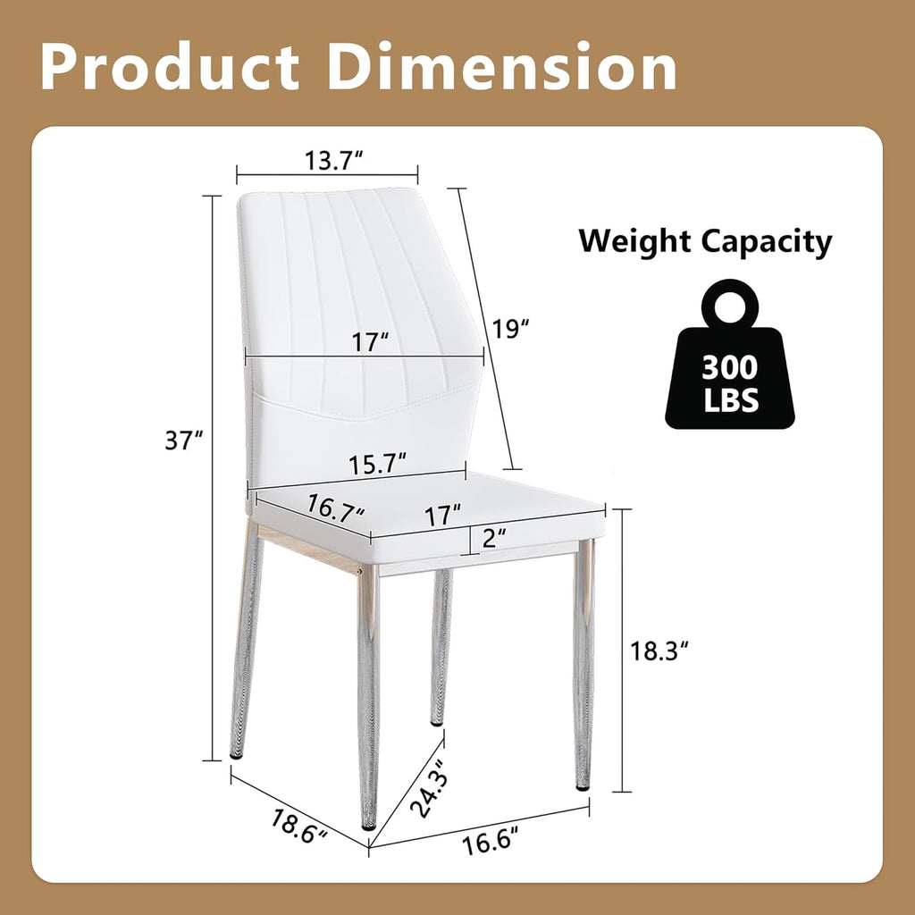 White Dining Chairs Set of 6, Modern PU Leather Kitchen Chairs with Soft Cushion and Silver Chrome Metal Legs, Waterproof and Easy to Clean, Armless Dining Chairs for Dining Room,Kitchen