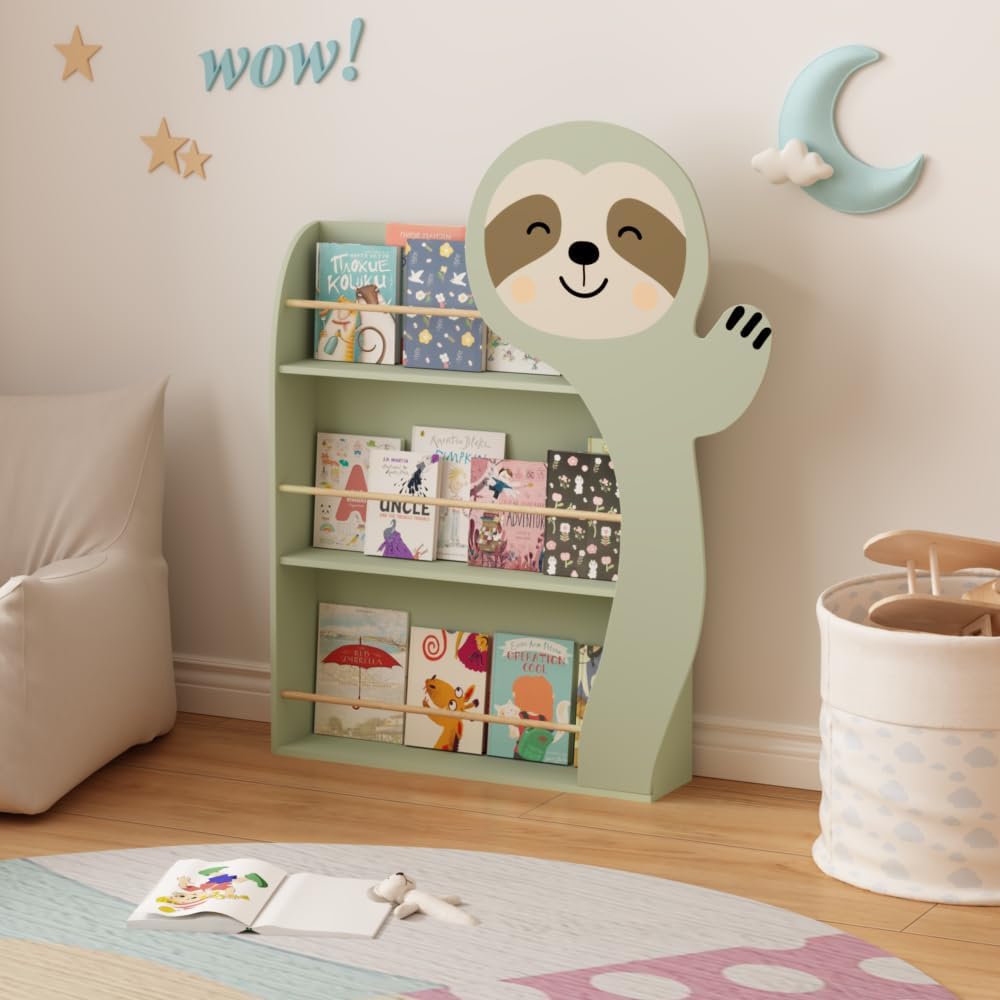 Kids Table and Chair Set with 2 Cute Sloth Chairs, Wooden Toddler Activity Table, Cute Animal Design Play & Study Set for Playroom (Sage Green)