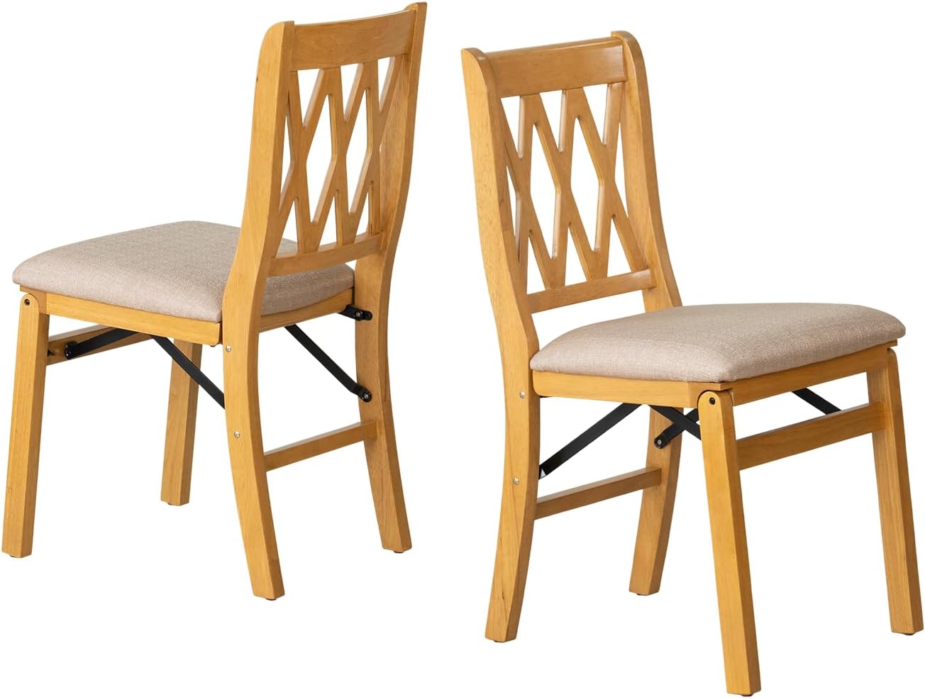 East West Furniture - PNC-OAK-03, A Solid Wood Plano Folding Dining Room Chairs with PU Leather Seat, 3-X Back Design, No Assembly Required, Set of 2, Oak Wood Finish