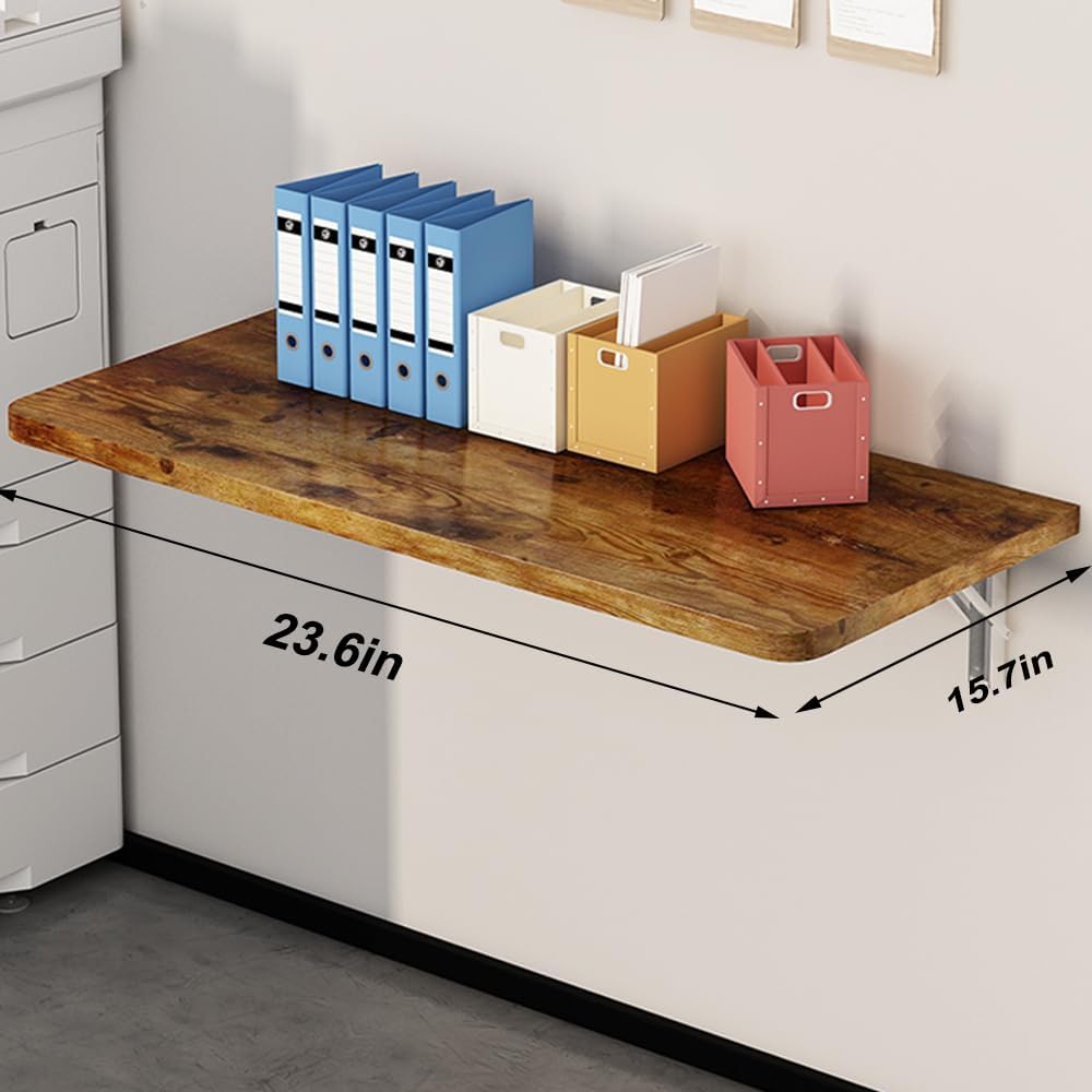 Rustic Wall Mounted Folding Table, Solid Wood Floating Desk with Stainless Steel Brackets, Space Saving Shelf for Home Office, Kitchen, Dining, Laundry Room (60X40cm / 23.63"X15.75")