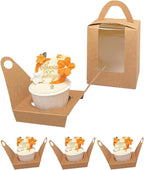 Bakepacker Auto-pop up Individual Cupcake Boxes with Window 60 Count Brown Single Cupcakes Box 3.6 x 3.6 x 4.3inch Cupcake Carrier