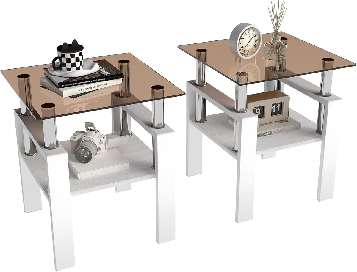Set of 2 Glass End Table, 2-Layer Glass Living Room Table, Modern Tea Table Side Tables for Home Office Furniture