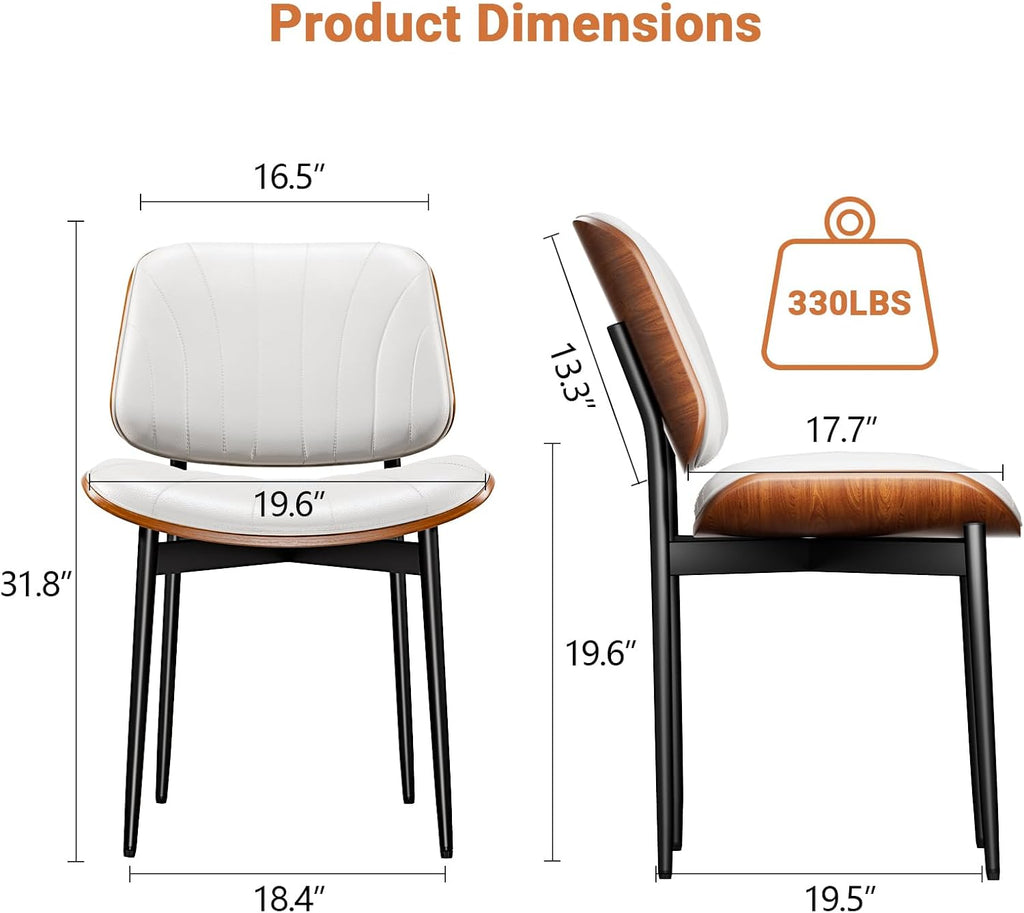 YaFiti Dining Chairs Set of 2, Mid Century Modern PU Leather Kitchen Chairs | Ergonomic Walnut Backrest, Upholstered Waterproof Faux Leather Seat, Stable Metal Legs, Adjustable Footpads, White Scallop