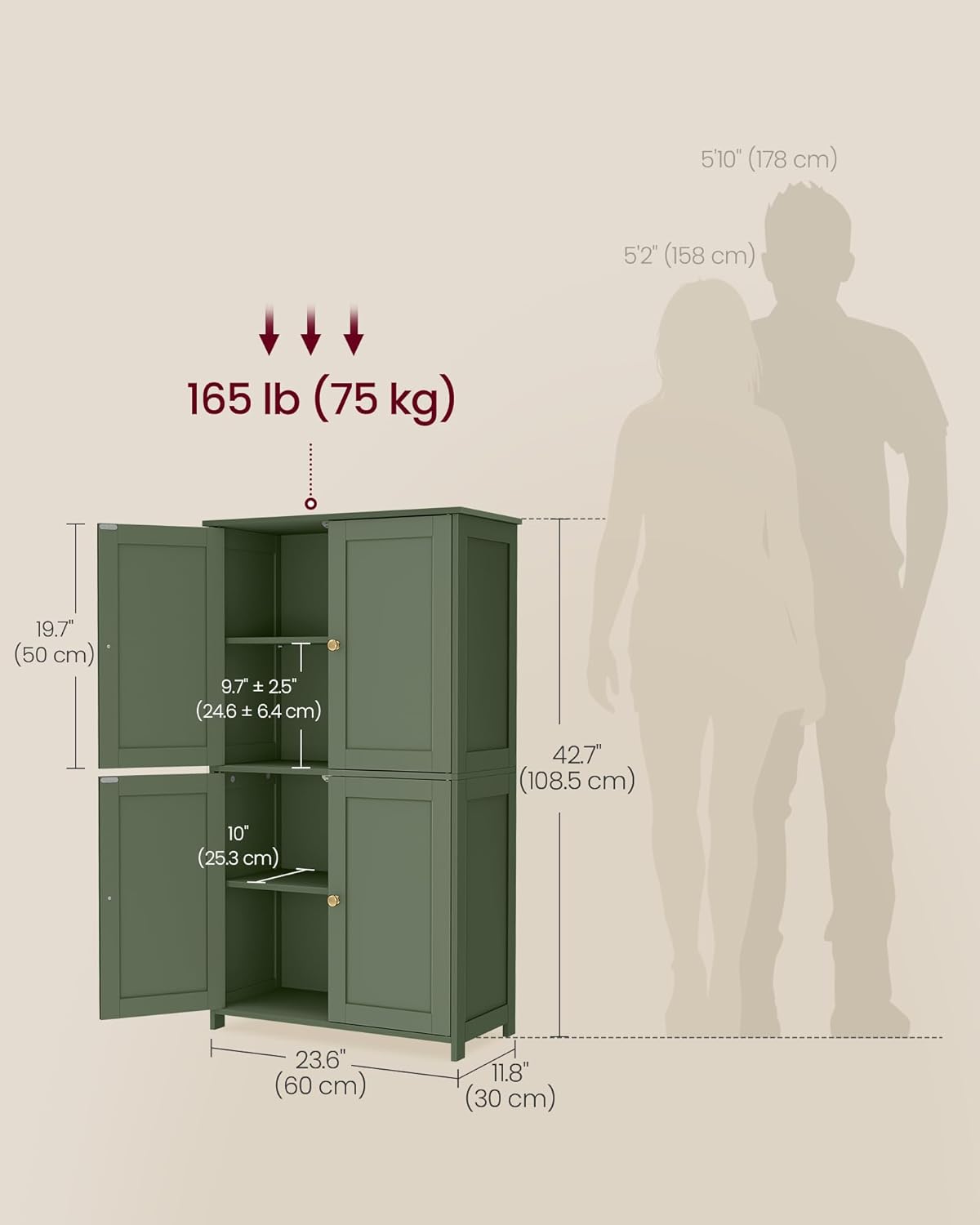 VASAGLE Floor Storage Cabinet, 2 Adjustable Shelves, 4 Doors,42.7" H