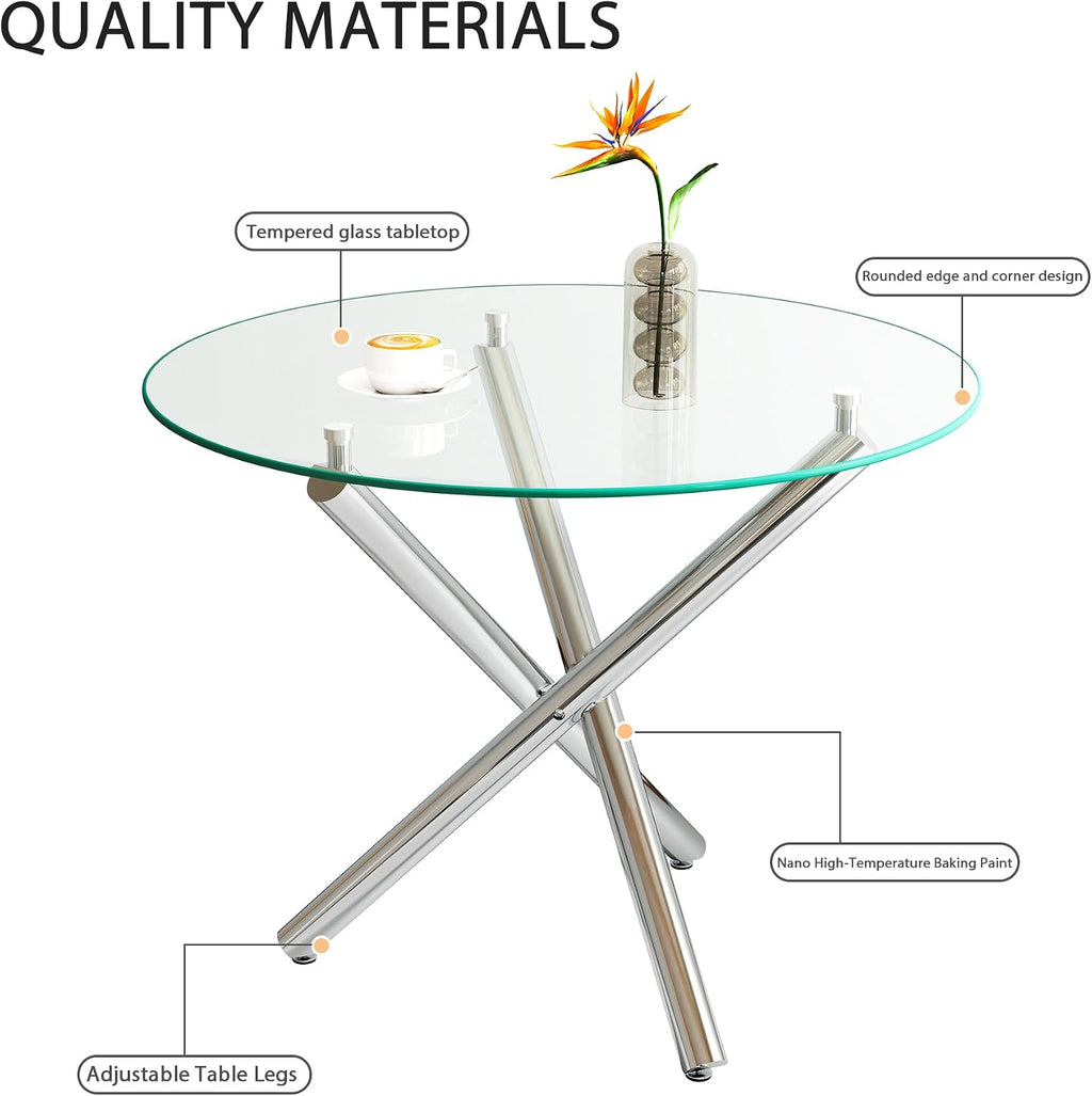 3-Piece Round Glass Dining Table Set for 2, 36" Small Kitchen Table with 2 Velvet Tufted Chairs Modern Silver Glass Dining Room Table Set for Home Kitchen Living Room