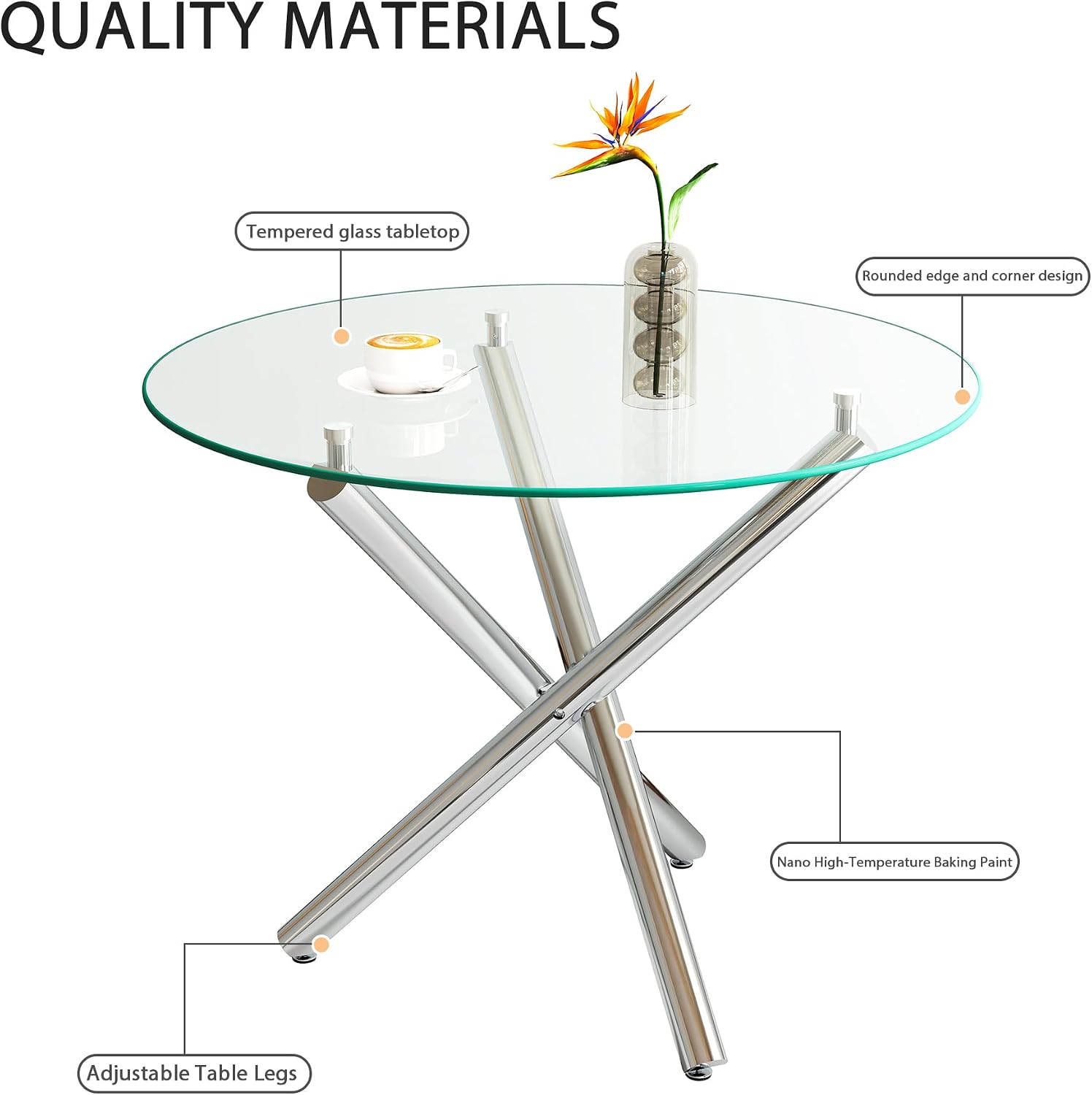 3-Piece Round Glass Dining Table Set for 2, 36" Small Kitchen Table with 2 Velvet Tufted Chairs Modern Silver Glass Dining Room Table Set for Home Kitchen Living Room