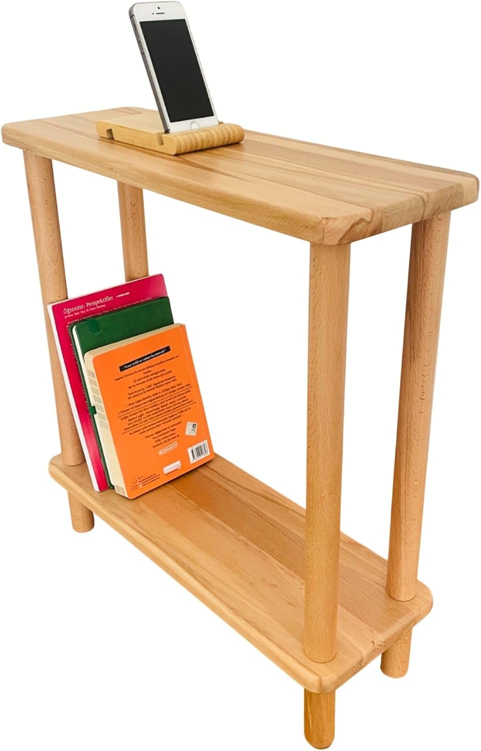 Handmade Slim Side Table Solid Beech Wood for Couch Living Room, Authentic Narrow End Table Hardwood 2 tier with Open Shelf for Office, Bedrooms, Book Rack, Eating Snack Tray, TV (Extra Slim, 7")