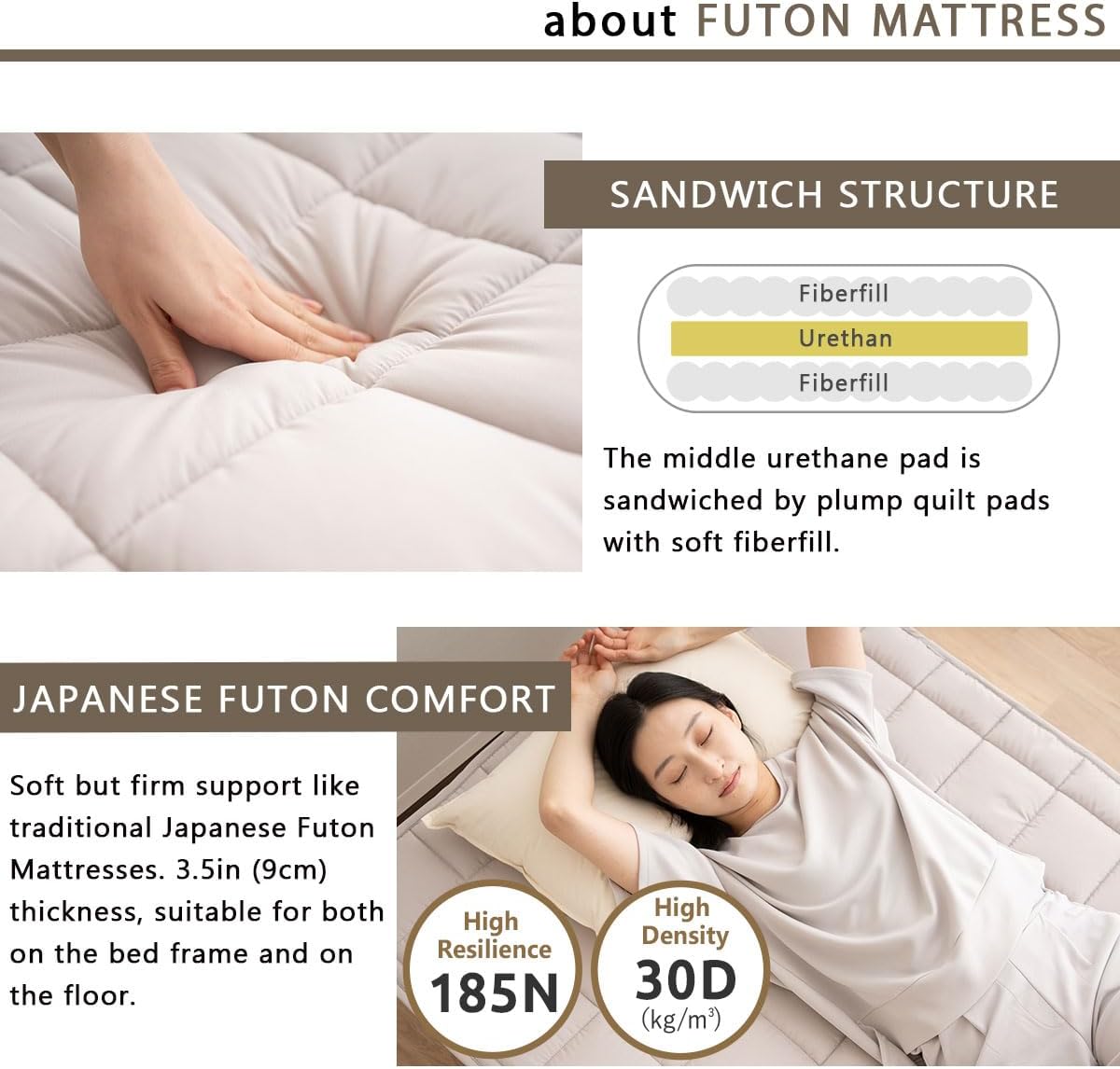EMOOR Japanese Futon Mattress & Wood Slatted Bed Set Machi-OSMOS Twin (Earth-Natural), Solid Pine 3-Heights Adjustable Easy-Assemble Japanese Sleeping Bed Tatami Mat