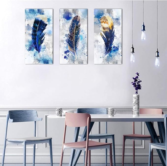 Pogusmavi Blue Canvas Wall Art for Living Room Large Modern Artwork Watercolor Feather Print Picture 3 pieces Canvas Wall Art Bedroom Wall Decor Ready to Hang for Home Office Decoration