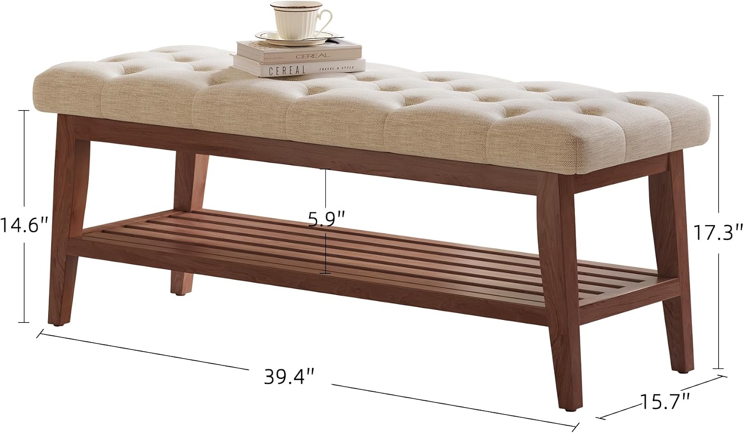LEILISI Entryway Bench with Storage, Linen Upholstered Bench(Beige, 39.4'')