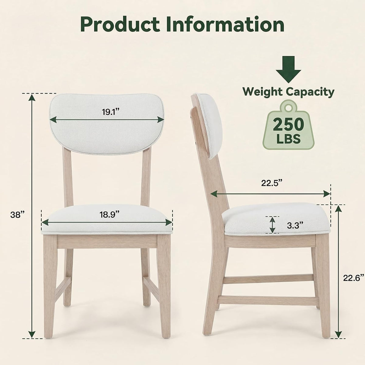 COLAMY Solid Wood Dining Chairs Set of 2, Mid Century Modern Upholstered Kitchen Chairs with 3.3" Thick Cushion & Anti-Slip Pads, Farmhouse Rubber Wood Dining Room Chairs, Oak Nature