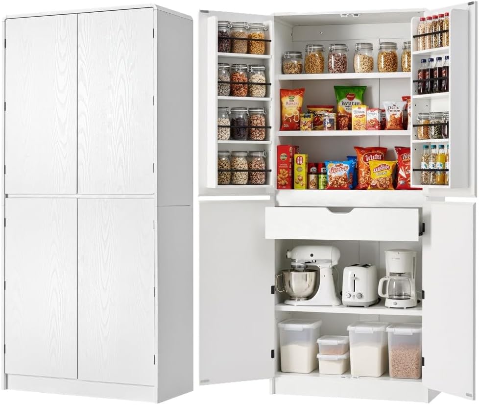 72" Tall Kitchen Pantry with Hidden Drawer, 8 Door Shelves & 3 Adjustable Shelves Farmhouse Cabinet, Versatile Cupboard for Kitchen, Dining & Bathroom (White)