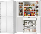 72" Tall Kitchen Pantry with Hidden Drawer, 8 Door Shelves & 3 Adjustable Shelves Farmhouse Cabinet, Versatile Cupboard for Kitchen, Dining & Bathroom (White)