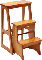 Folding Library Ladder Chair, Solid Wood Portable Multifunctional Step Stool, 3-Step Stool Stepladders, Display Stand and Flower Stand for Home (Brown)