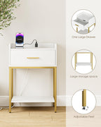 Nightstand with Charging Station, Modern Bedside Table with Drawer and Legs,White and Gold Night Stand with Open Shelf, Narrow Side Table for Bedroom, Living Room