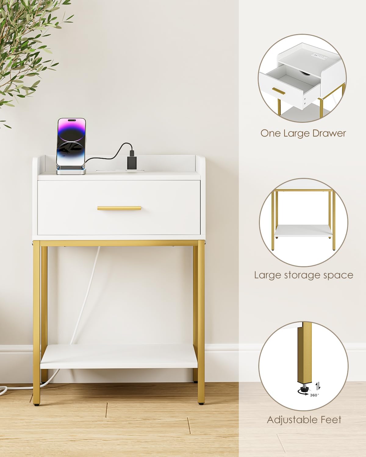 Nightstand with Charging Station, Modern Bedside Table with Drawer and Legs,White and Gold Night Stand with Open Shelf, Narrow Side Table for Bedroom, Living Room