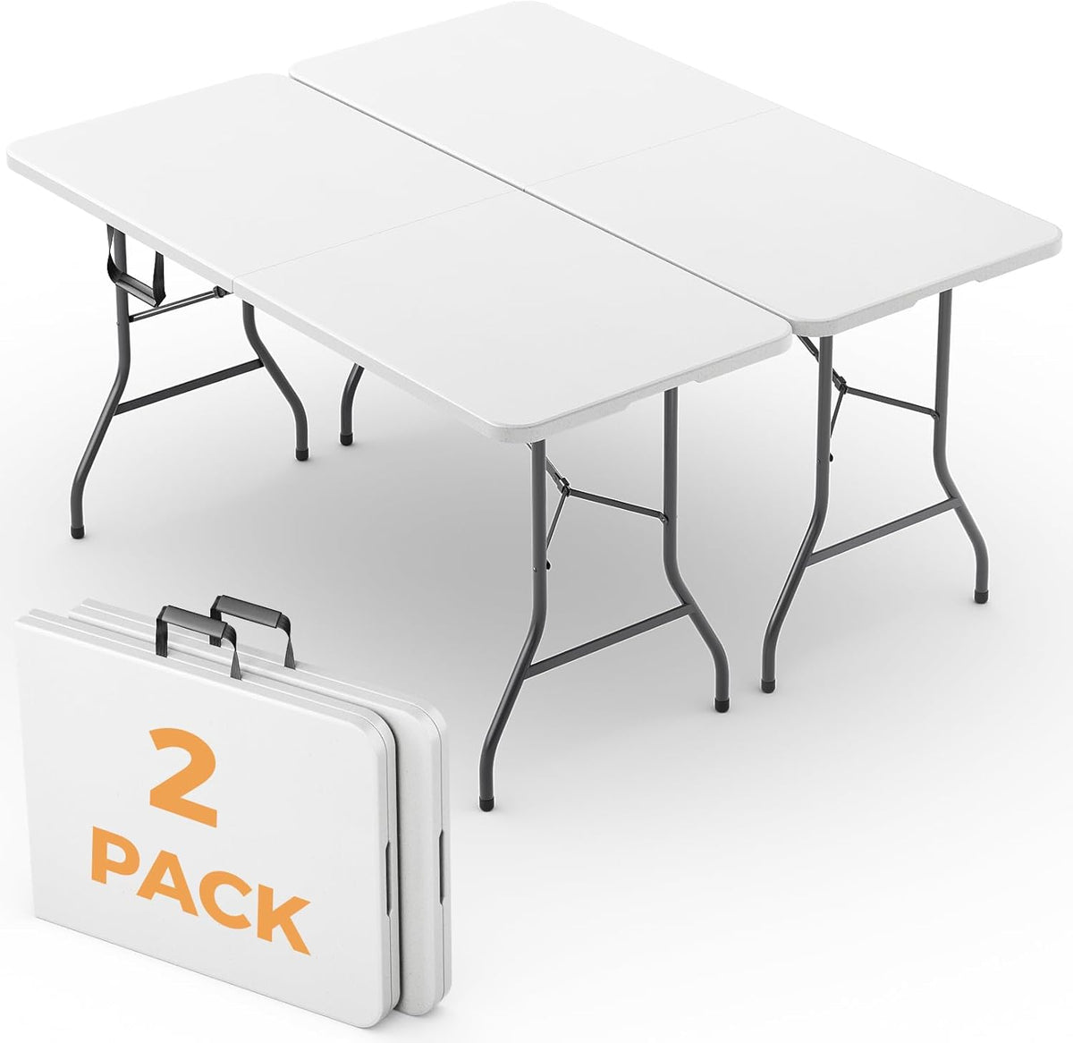 6FT Folding Table 2 Pack, Heavy Duty Fold in Half Plastic Tables with Carry Handle, Portable Indoor Outdoor Utility Table for Party, Picnic, Camping, Banquet, Wedding, RV Travel