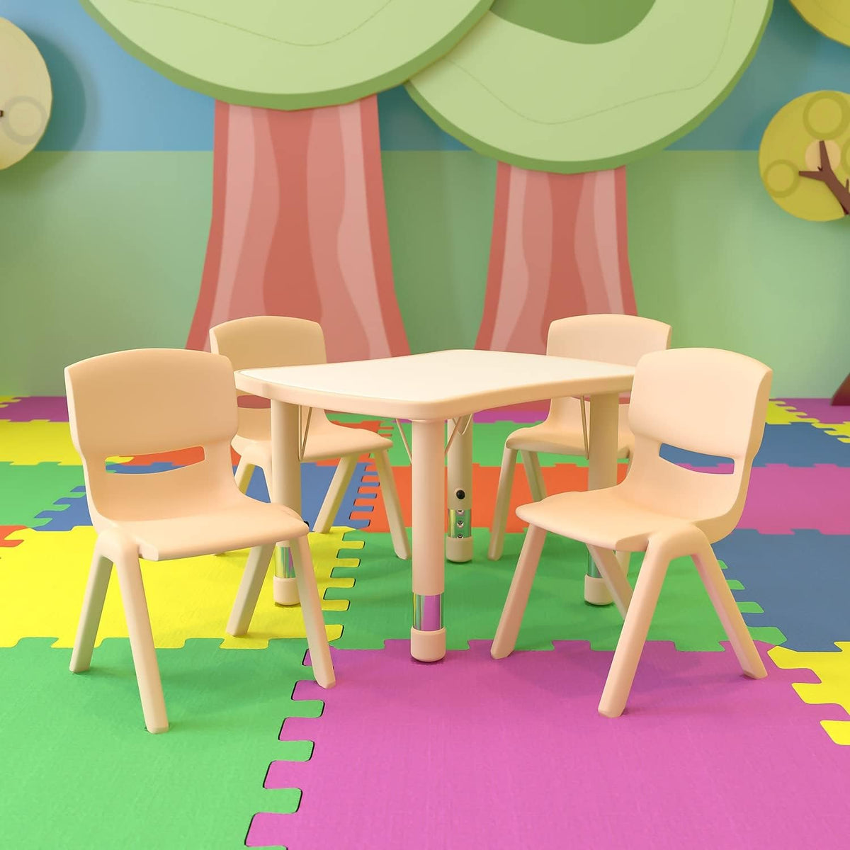 Flash Furniture 26.5x21.75 in Activity Table with 4 Chairs, Natural | Adjustable Height Table, Plastic, Durable Construction, Commercial Use