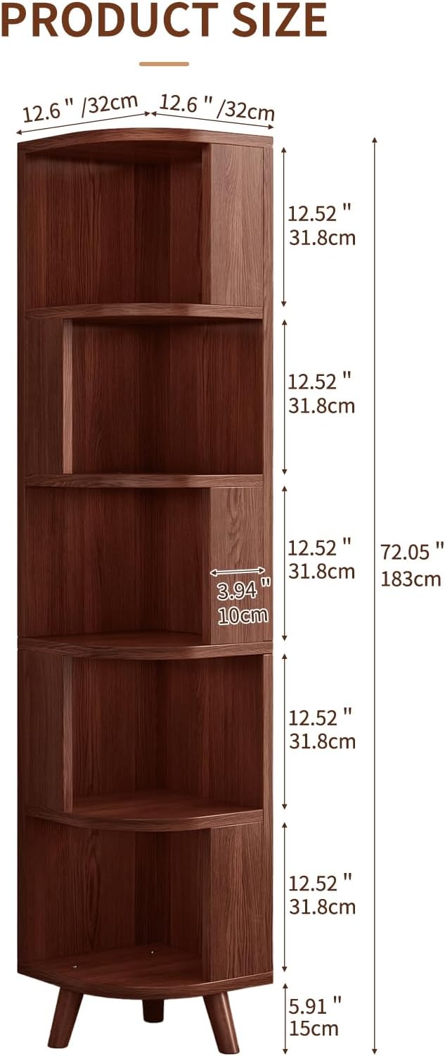 5-Tier Corner Bookshelf, Modern Corner Shelf, Freestanding Bookcase Corner Cabinet Storage Display Shelf Organizer for Living Room Home Office Bedroom Kitchen