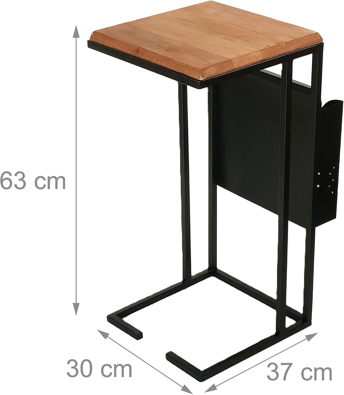 Relaxdays side table with magazine holder, HWD: 63x30x37 cm, wood, metal, C-shape, industrial design, brown/black