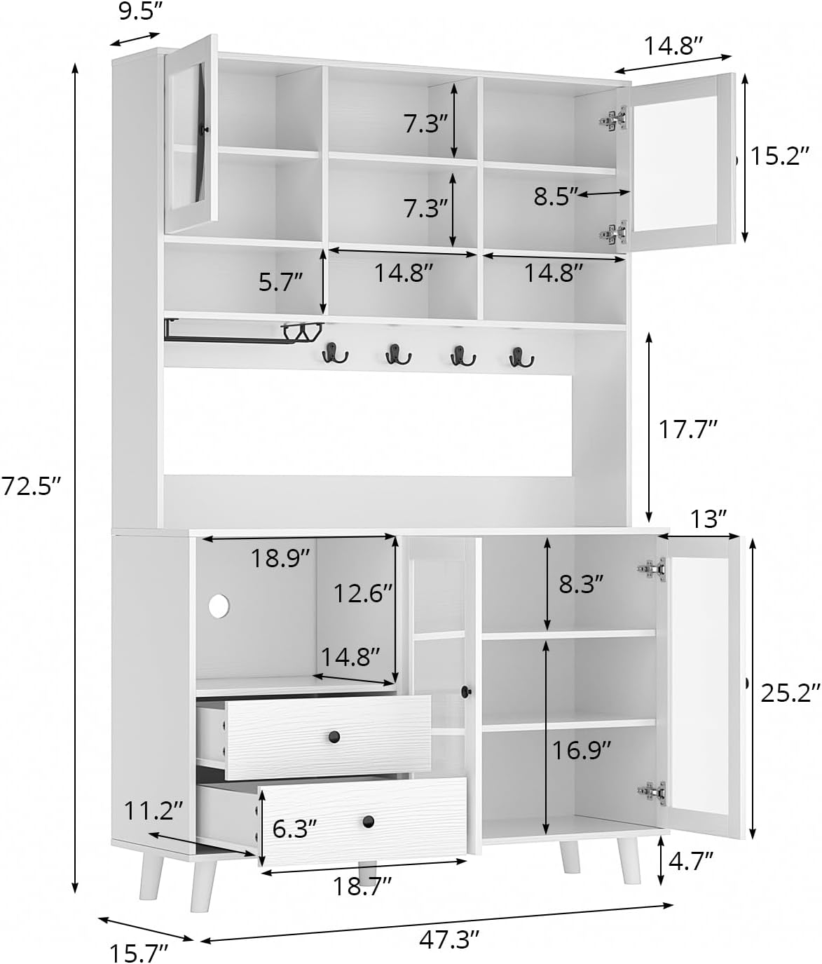 VOWNER Kitchen Hutch Storage Cabinet Microwave Shelf, Freestanding Pantry with 4 Glass Doors and 2 Drawers, Modern Sideboard Buffet Cabinet for Kitchen, Dining Room, Living Room, White