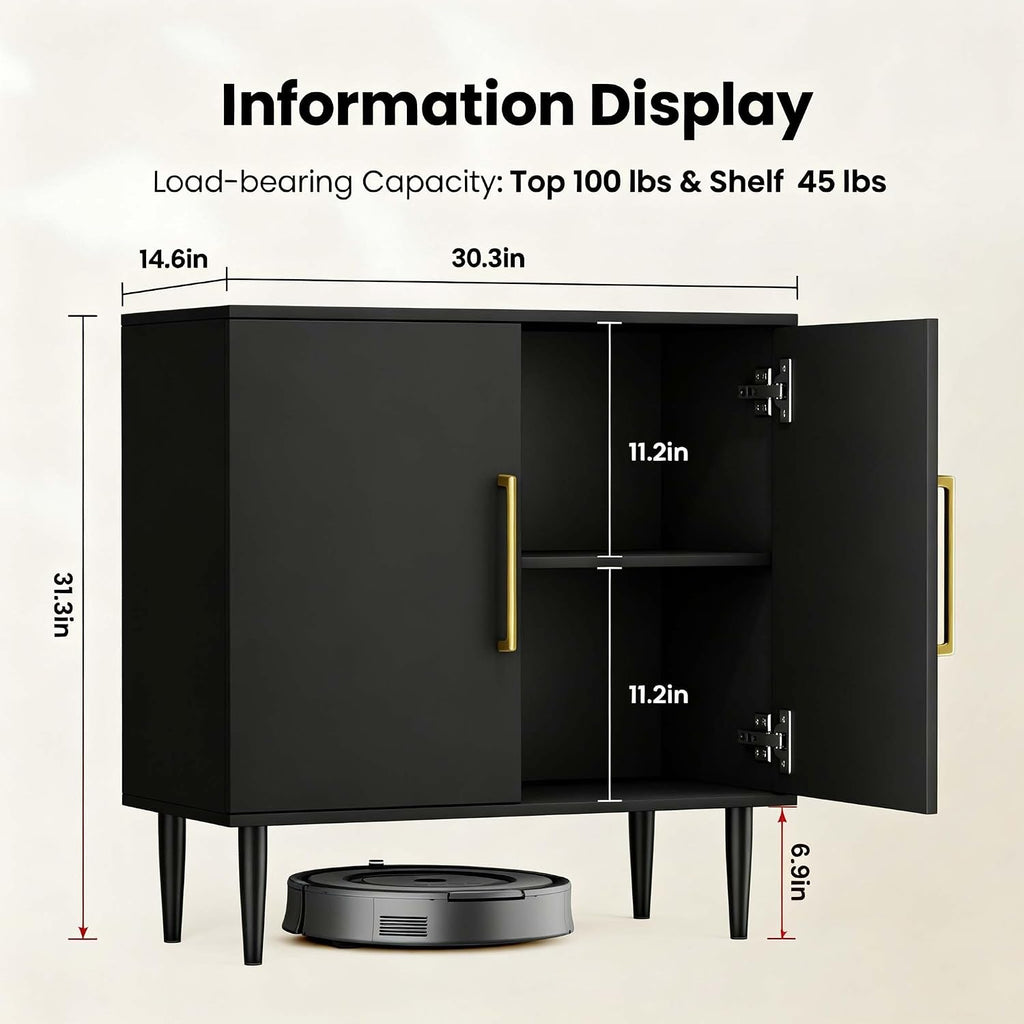 Black Storage Cabinet with Doors, Modern Accent Cabinet, Free Standing Cabinet with Adjustable Shelf, Wooden Buffet Sideboards for Living Room, Kitchen, Dining Room, Entryway