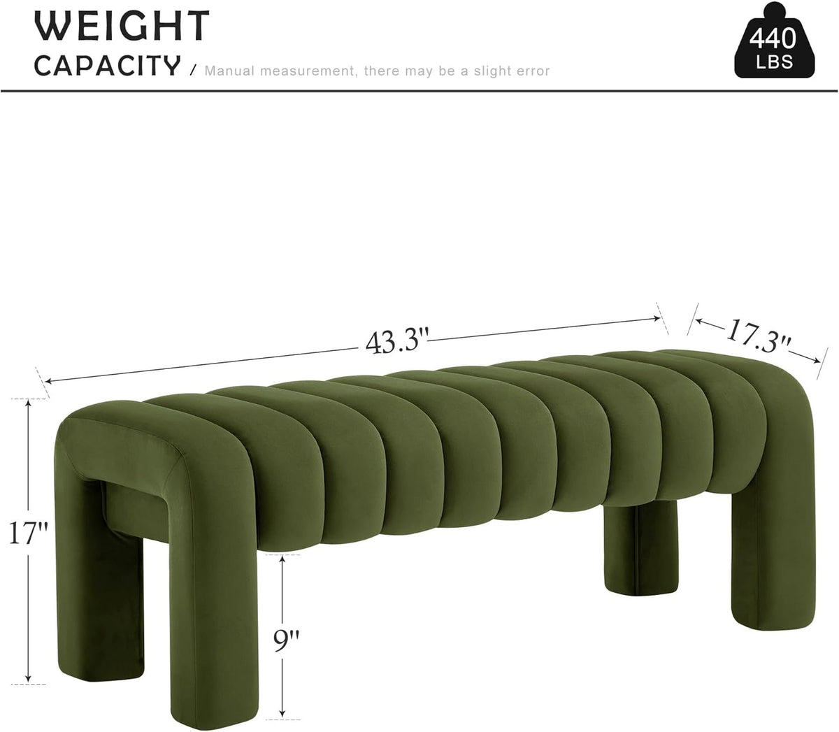43.3” Dining Room Bench, Olive Green Tufted Upholstered End of Bed Bench, Modern Entryway Ottoman Window Seat with Solid Wood Legs and Padded Seat for Bedroom, Hallway and Living Room (Velvet)