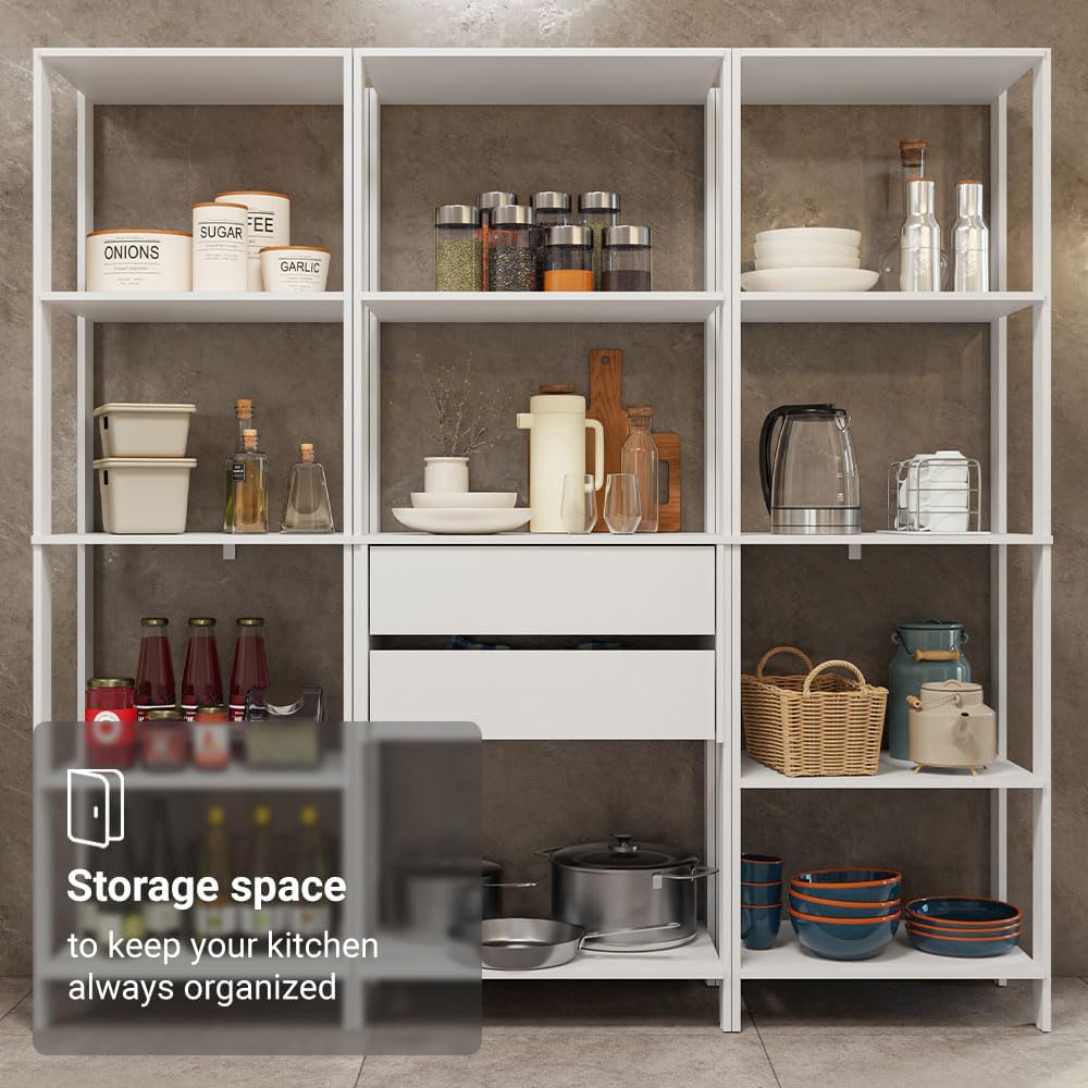 Madesa Kitchen Pantry Storage Rack with 2 Drawers and Open Shelves 74" L Multiuse Modular Cabinet for Kitchen Organization - White
