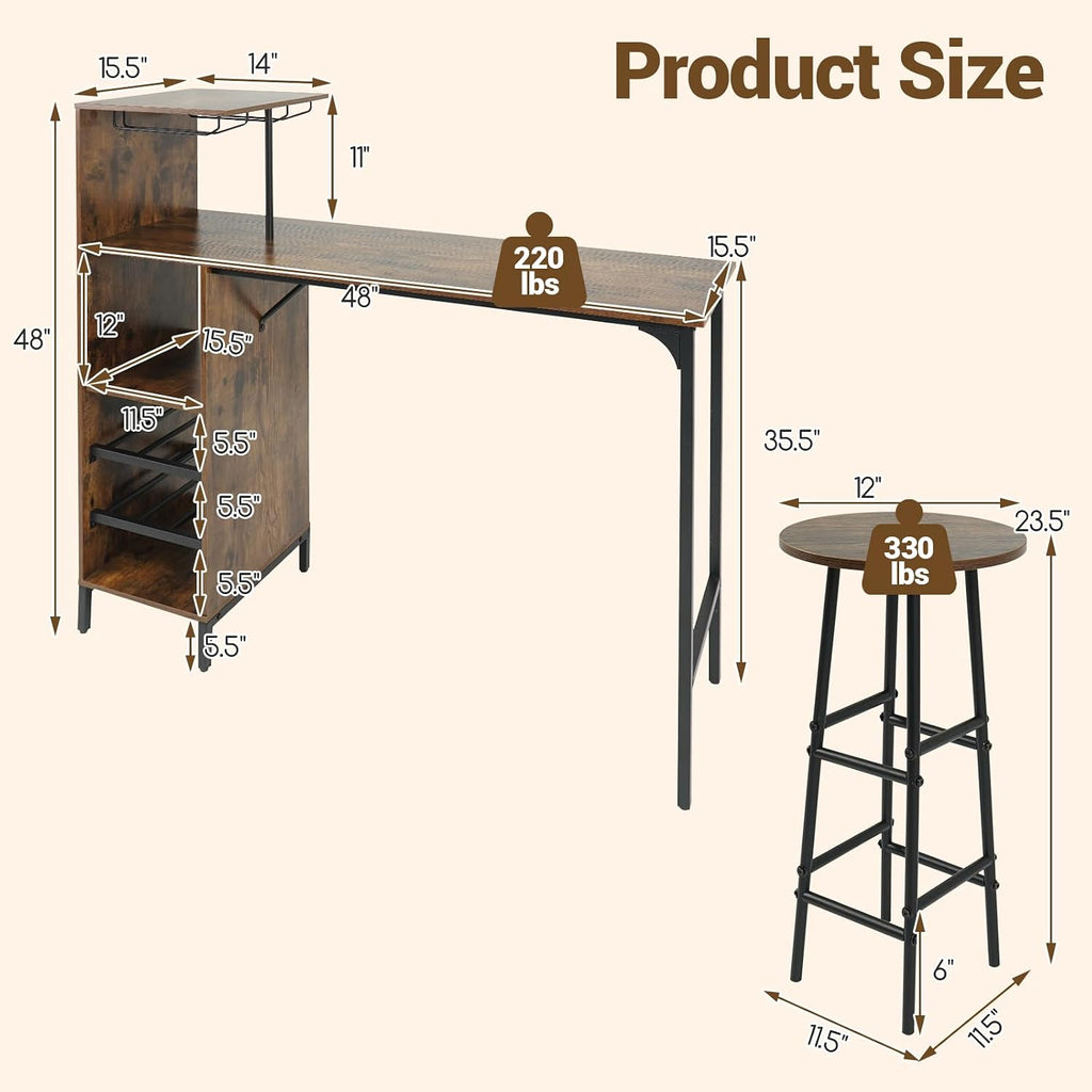 Giantex 3 Pieces Bar Table and Stools Set, Bistro Table Set with Glass Holder, 2 Tier Wine Rack & Storage Shelves, Kitchen Counter Table with 2 Stools for Home, Dining Room, Restaurant (Rustic Brown)