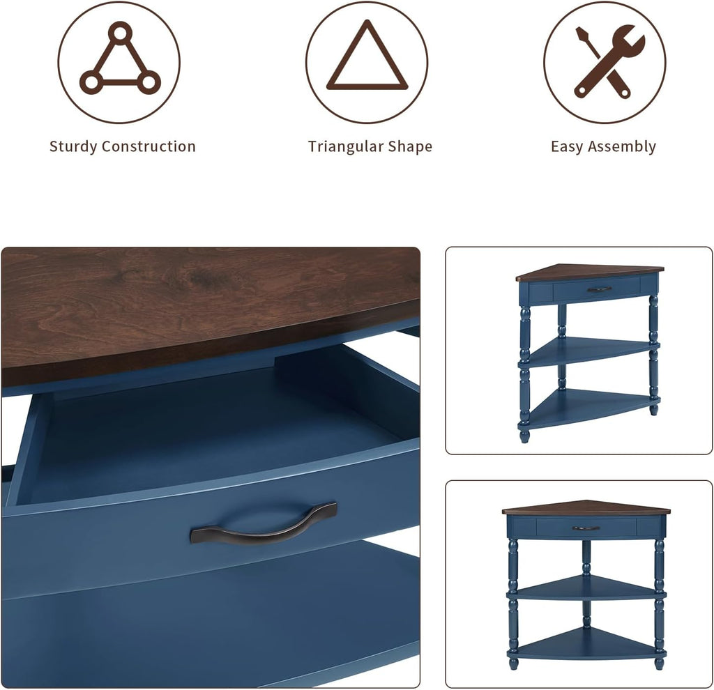 33.86" Corner Table, Wood 3 Tier Triangle Side Table Corner Shelf Stand with Solid Wood Legs 1 Drawer & 2 Storage Shelves for Living Room Small Space (Navy Blue)
