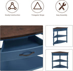 33.86" Corner Table, Wood 3 Tier Triangle Side Table Corner Shelf Stand with Solid Wood Legs 1 Drawer & 2 Storage Shelves for Living Room Small Space (Navy Blue)