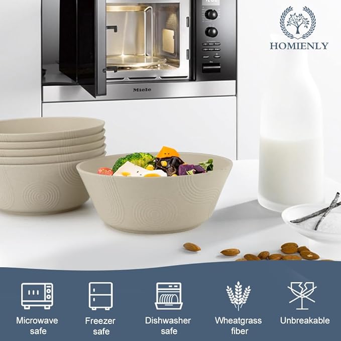 Homienly Cereal Bowl - Wheat Straw Bowls 6 PCS | Microwave & Dishwasher Safe | Patented Textured for Secure Grip| Ideal for Cereal, Soup, Salad - Versatile Dining Alternative to Plastic Bowls(Beige)