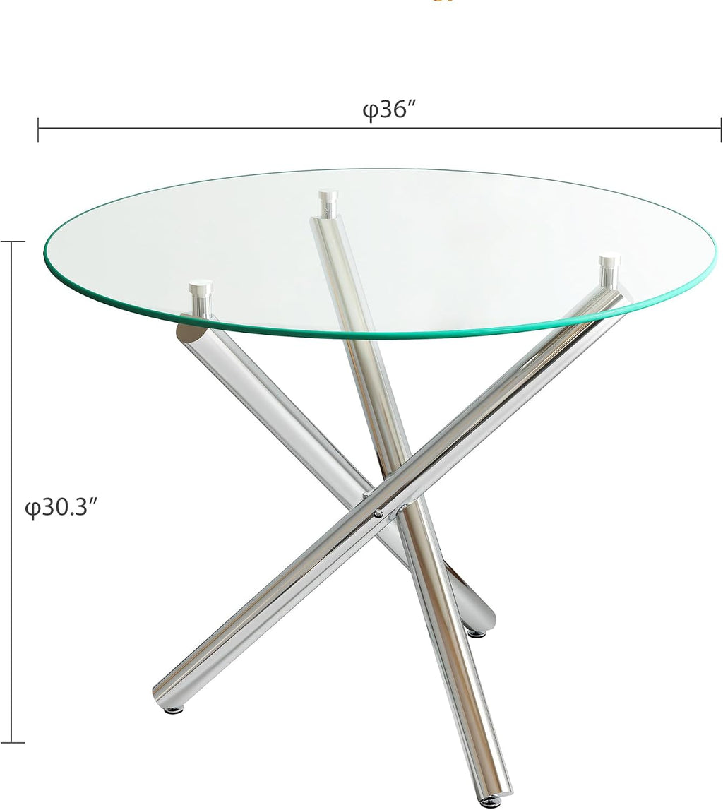 3-Piece Round Glass Dining Table Set for 2, 36" Small Kitchen Table with 2 Velvet Tufted Chairs Modern Silver Glass Dining Room Table Set for Home Kitchen Living Room